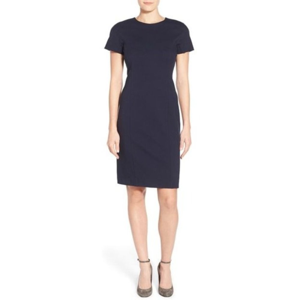 J Crew Short Sleeve Pleated Navy Sheath Dress